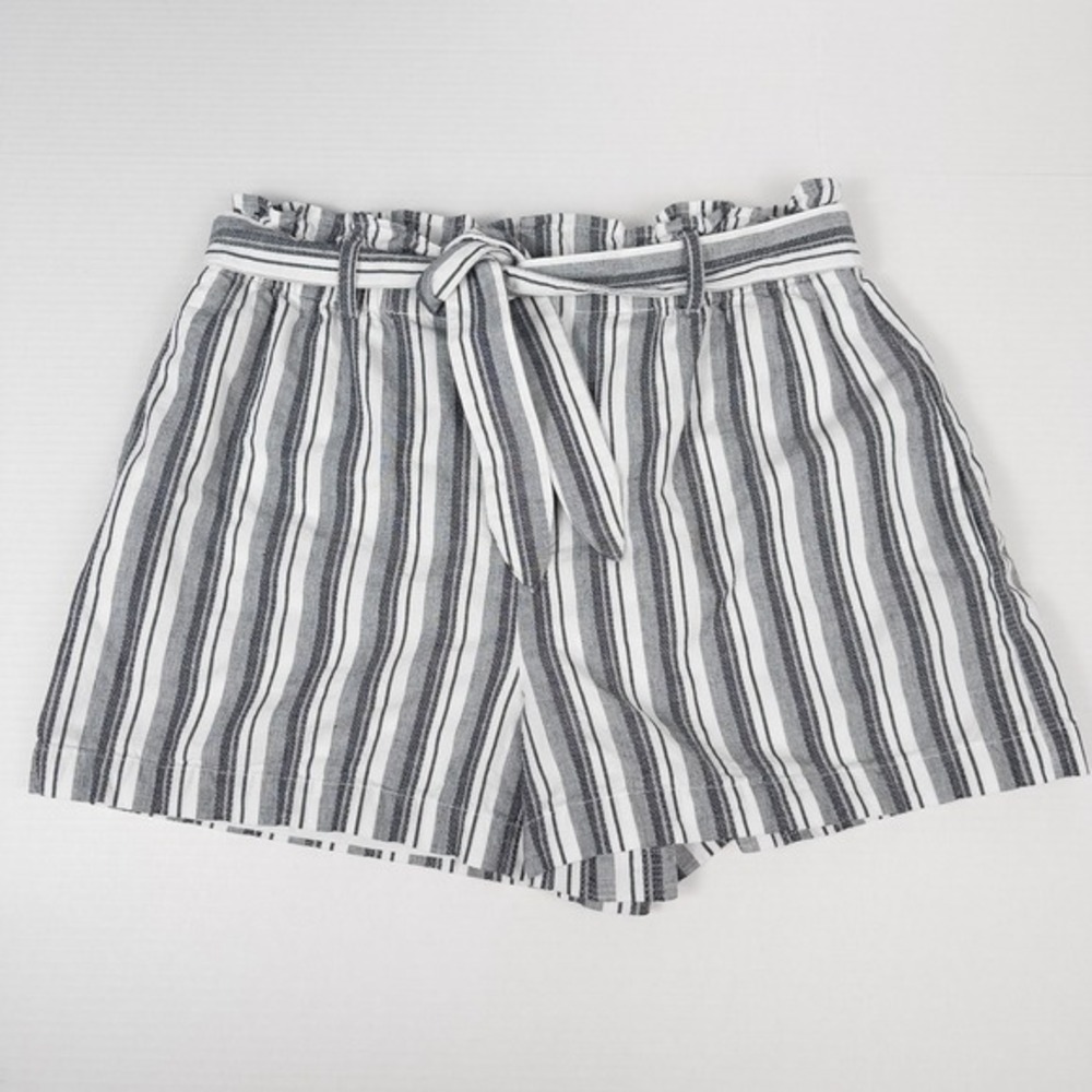 High Waisted Belted Striped Paperbag Shorts Large Gray‎ White Cotton Nautical